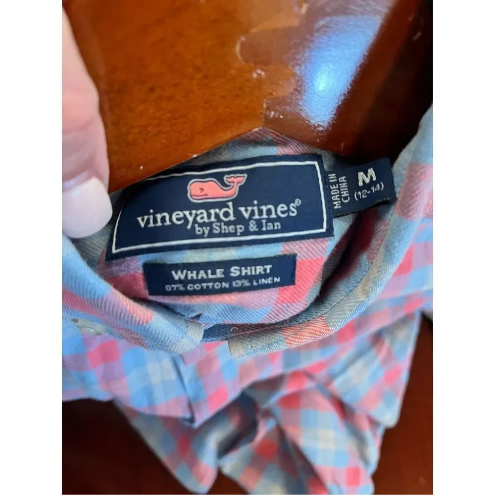 Vineyard Vines Pink & Blue Plaid Whale Shirt Linen Blend Button Down sz M